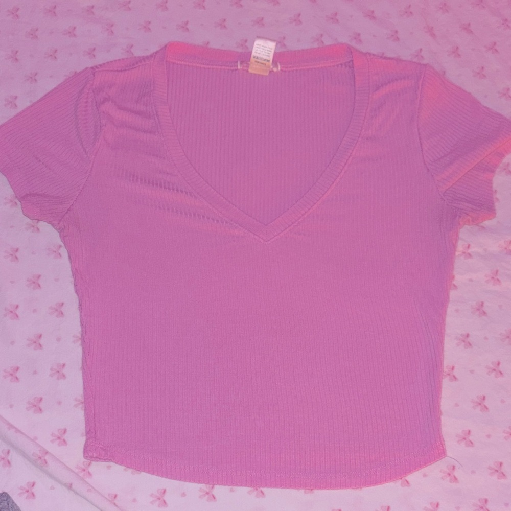 Pink V-Neck Ribbed Women's Top